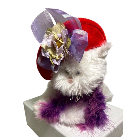 Ganz White Plush Cat Victorian Innocence Red Velvet Hat & Purple Feather Scarf - Picture 1 of 11